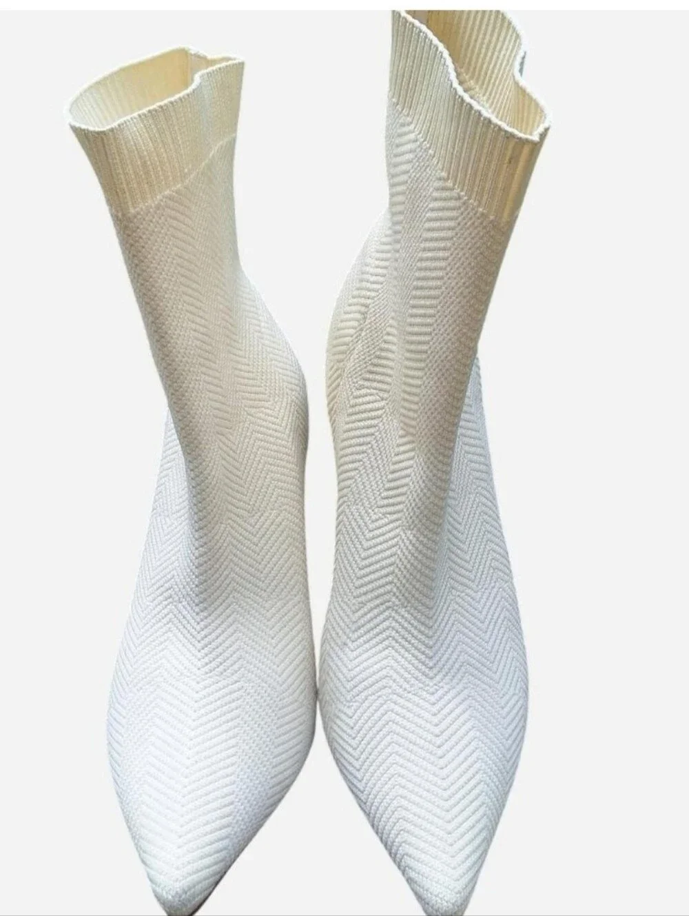 White Knit Sock Booties with Clear Block Heel